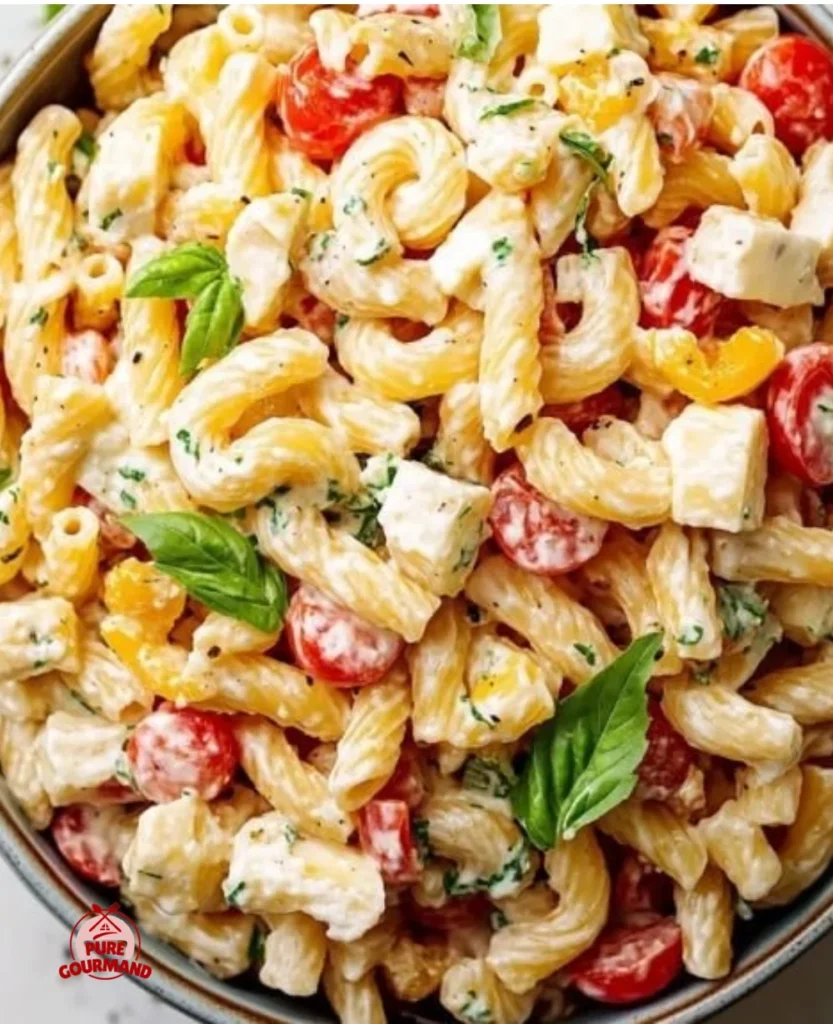 Bowl of Mediterranean Pasta Salad with colorful vegetables and feta cheese