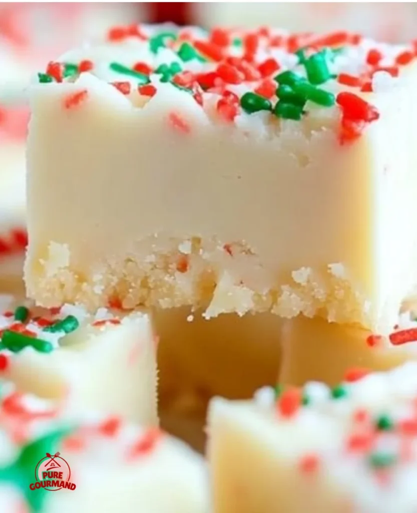 Melt-in-your-mouth Christmas sugar cookie fudge topped with festive sprinkles