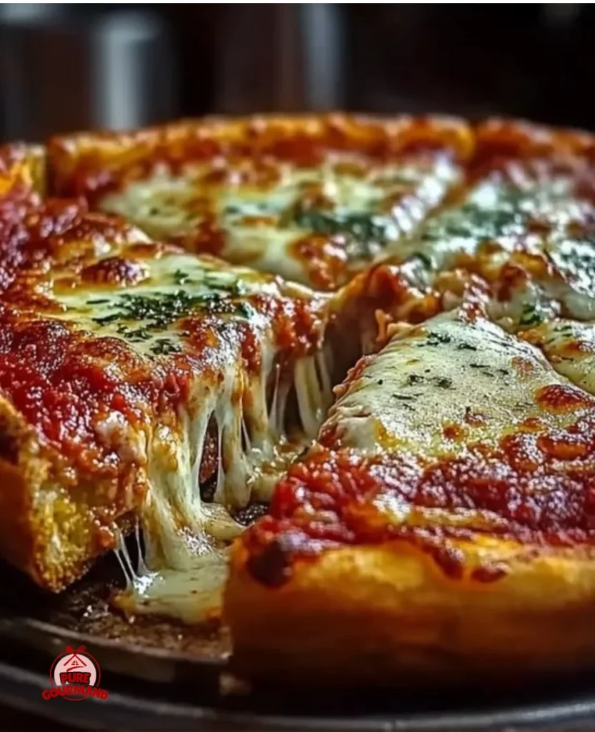 Delicious homemade Chicago-Style Deep Dish Pizza topped with cheese and fresh ingredients.