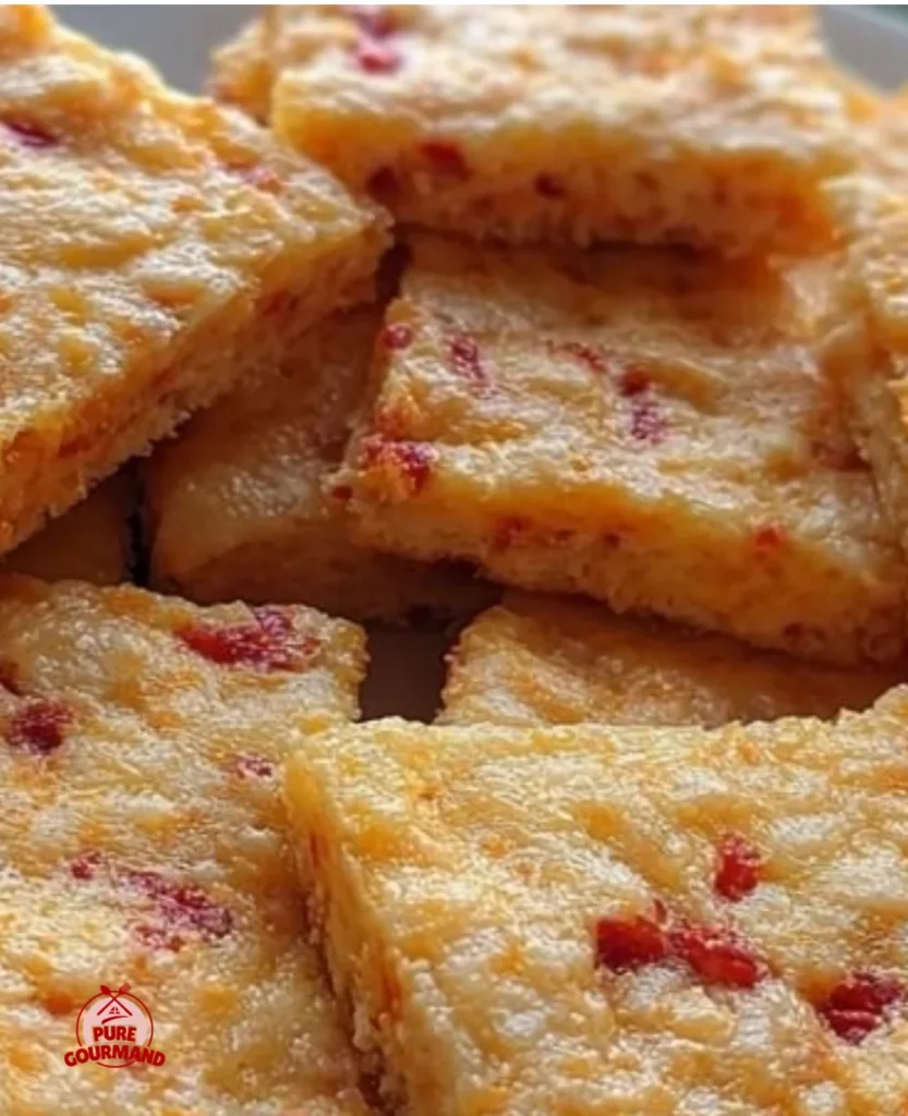 Homemade pimento cheese squares on a platter, ready to be served.