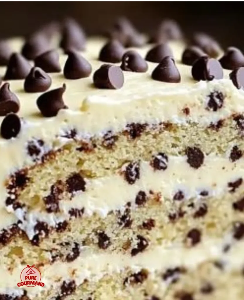 Delicious Milk and Cookies Cake topped with chocolate chip cookies