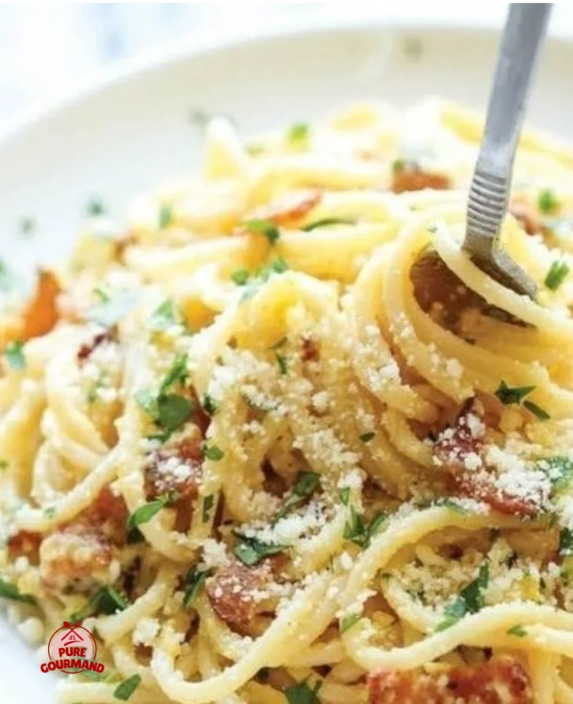 Delicious bowl of quick spaghetti carbonara topped with cheese and parsley