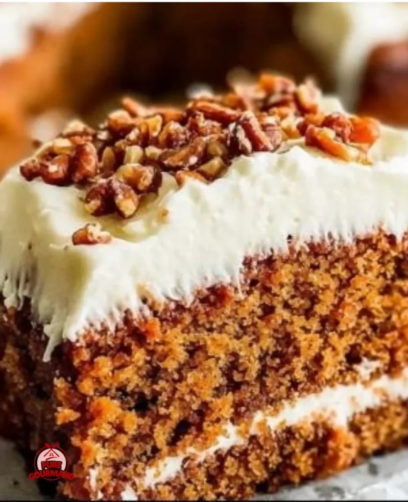 Moist carrot cake topped with cream cheese frosting and garnished with walnuts
