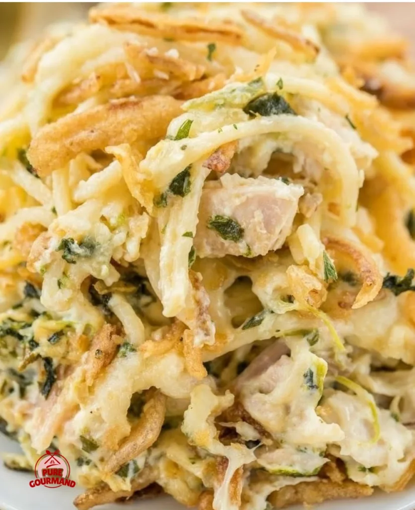 Delicious Monterey Chicken Spaghetti Casserole baked with creamy cheese