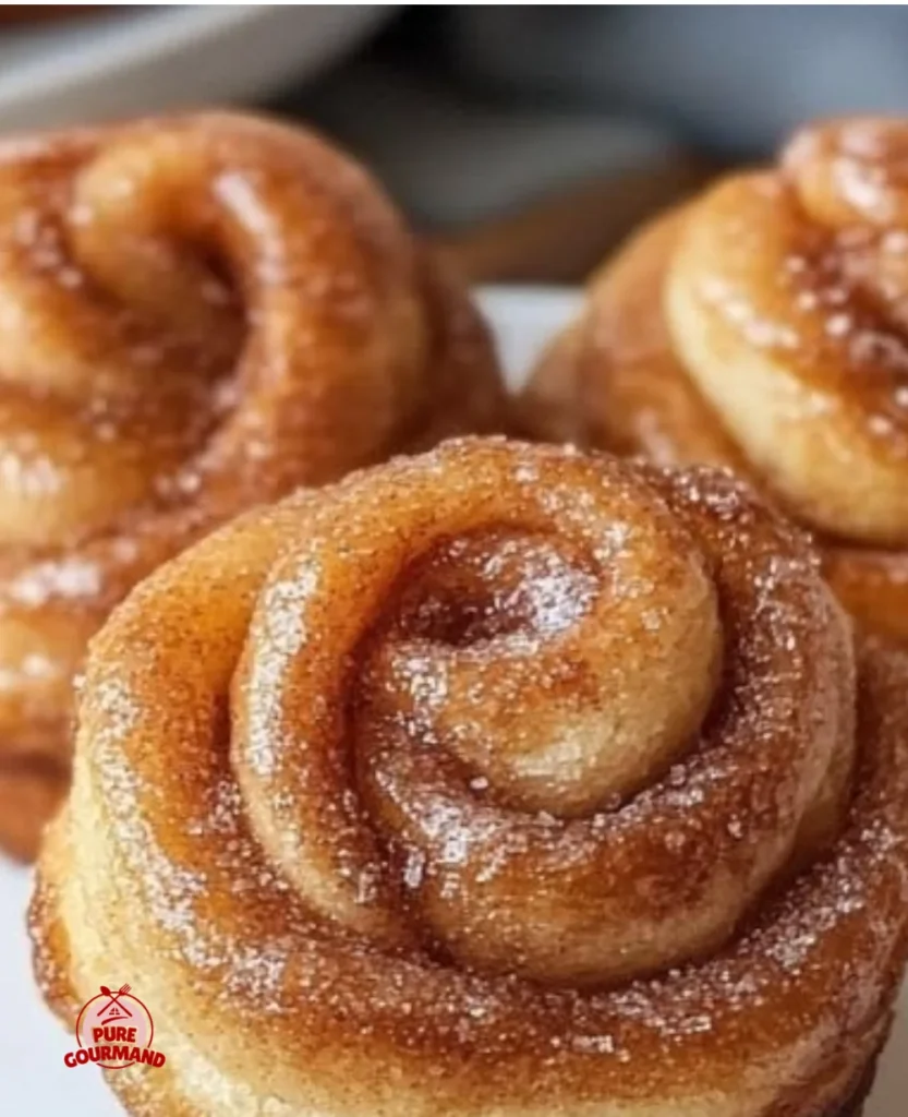 Freshly baked morning cinnamon sugar cruffins on a wooden table.