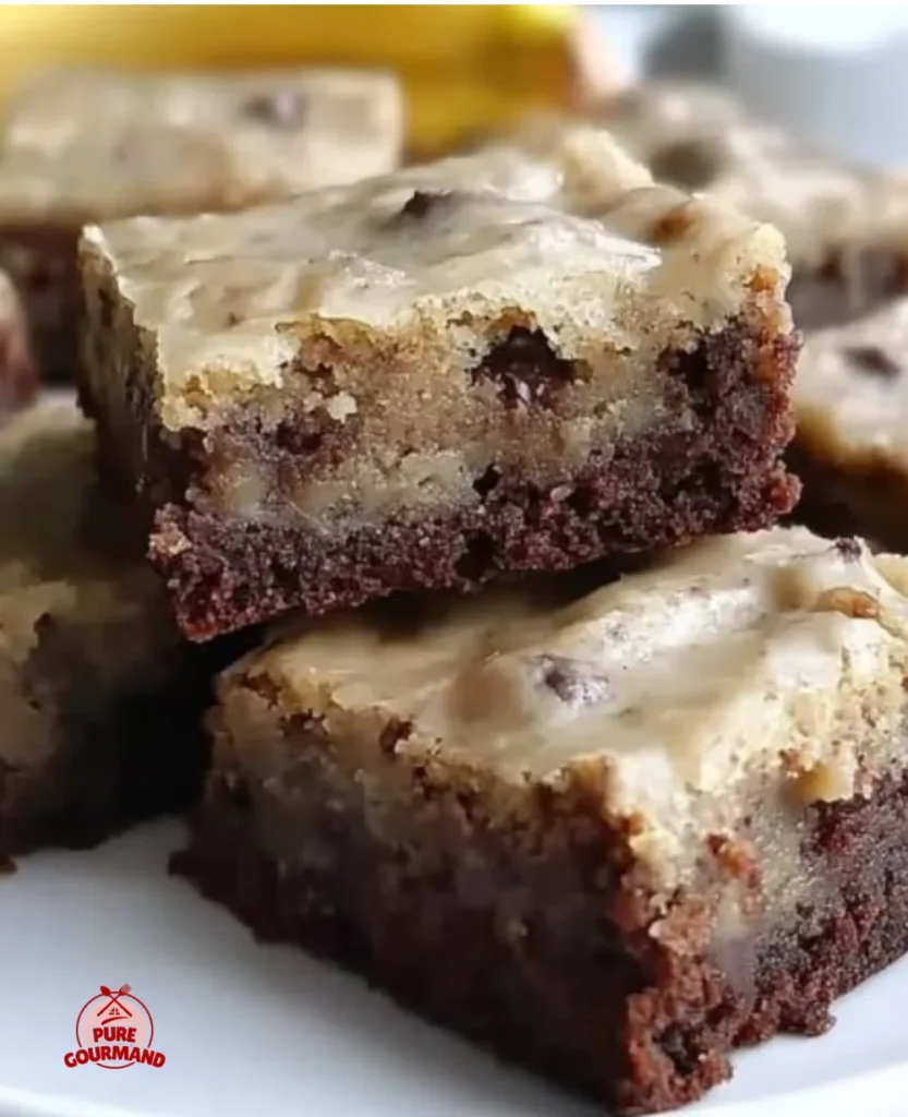 Delicious banana bread brownies topped with brown butter glaze.
