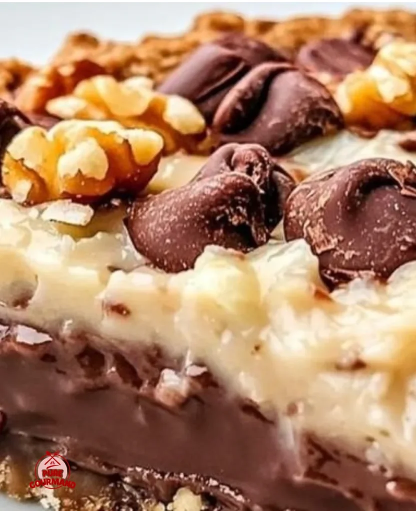 Delicious No-Bake German Chocolate Pie topped with chocolate and coconut.