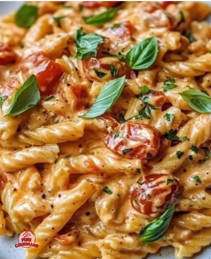 One Pan Creamy Tomato Pasta served in a skillet, garnished with fresh basil.