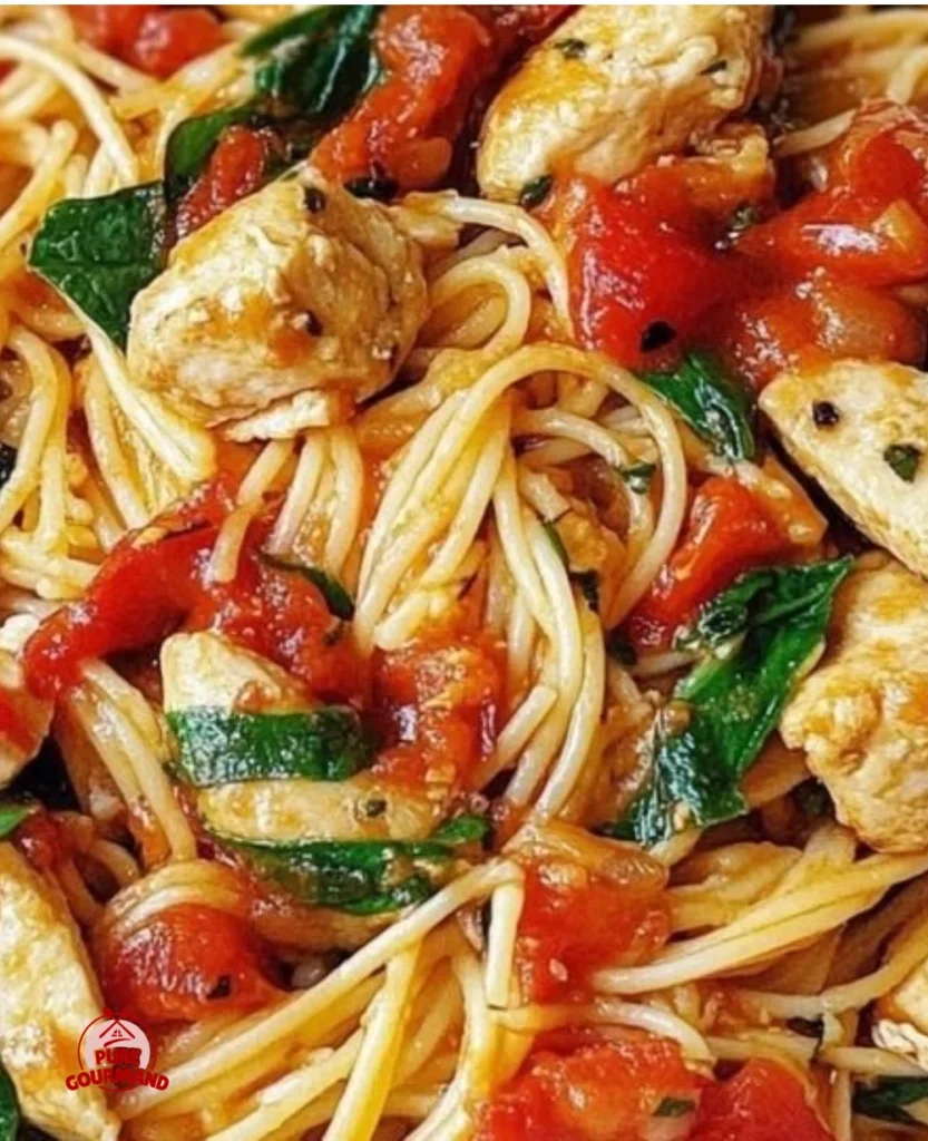One-pot chicken spaghetti with spinach and tomatoes served in a bowl