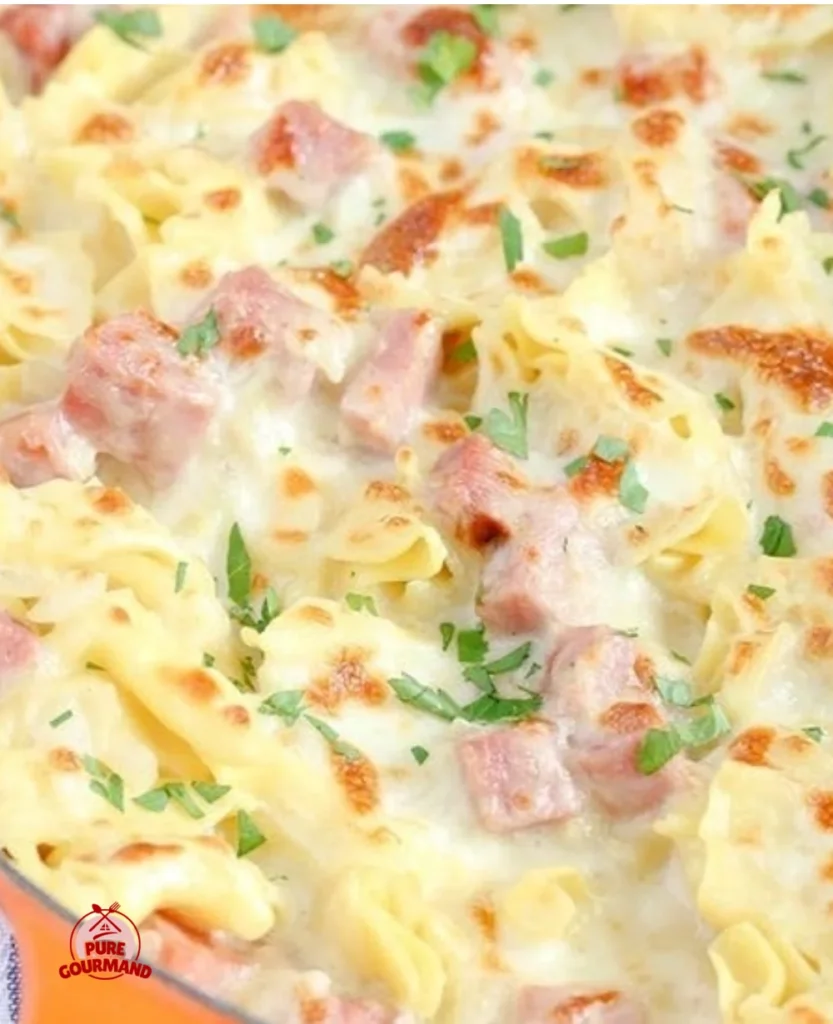 One Pot Ham and Cheese Tortellini served in a creamy sauce