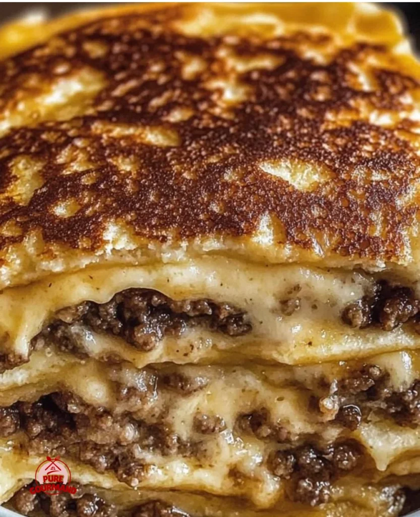 Pancake sausage breakfast bake served on a plate with maple syrup