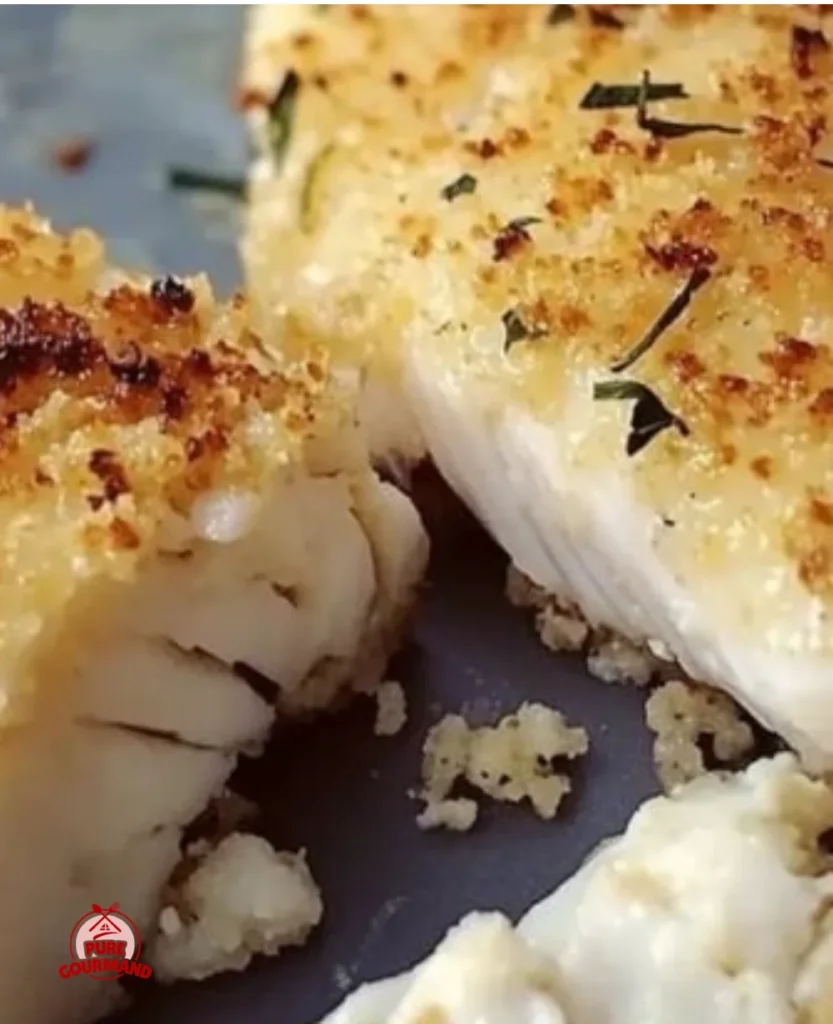Panko Parmesan Crusted Halibut served with lemon and herbs on a plate