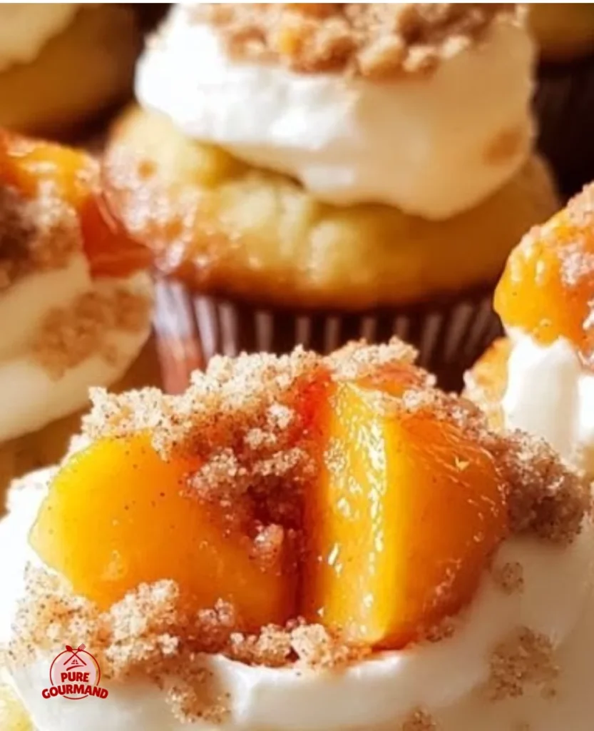 Delicious peach cobbler cupcakes with juicy peach filling and crumb topping
