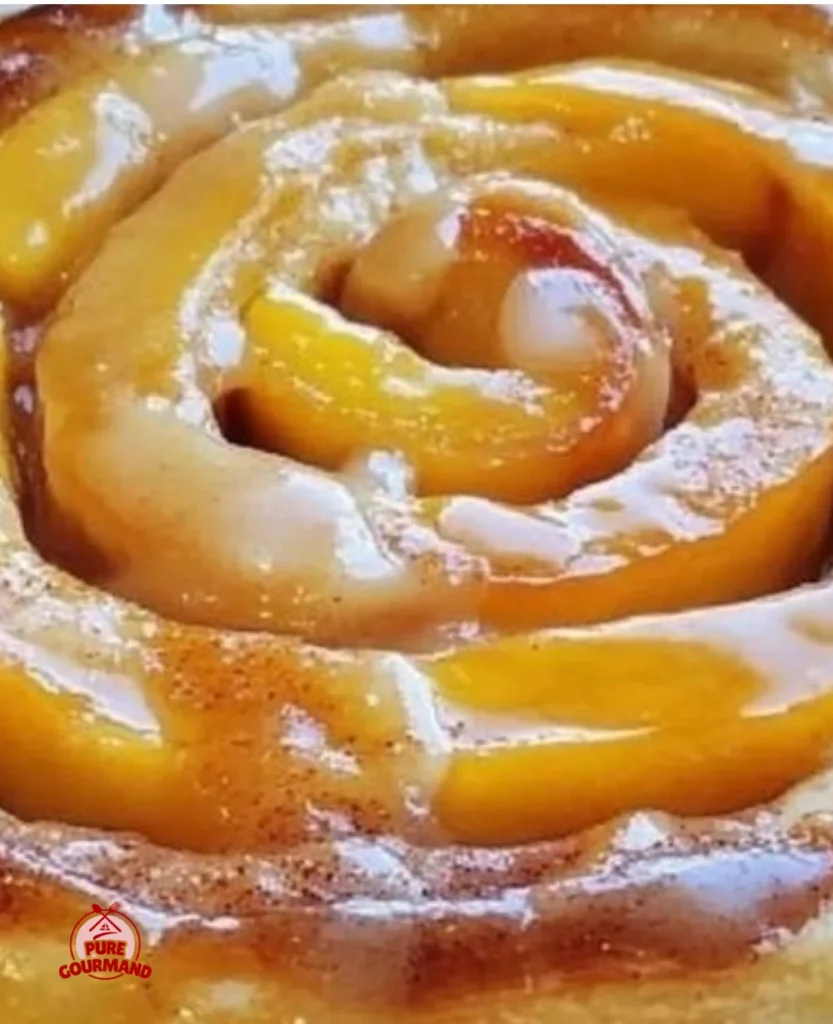 Delicious peach pie cinnamon rolls topped with sweet icing and peach slices.