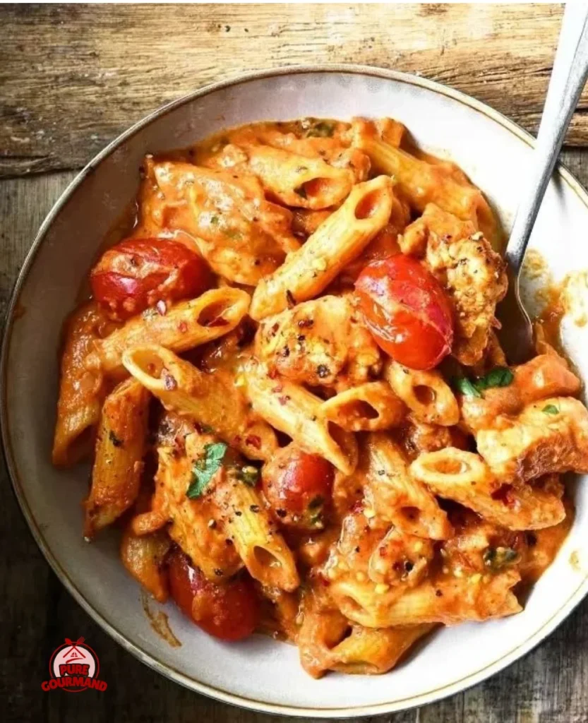 A bowl of Penne Arrabbiata featuring spicy tomato sauce and herbs.