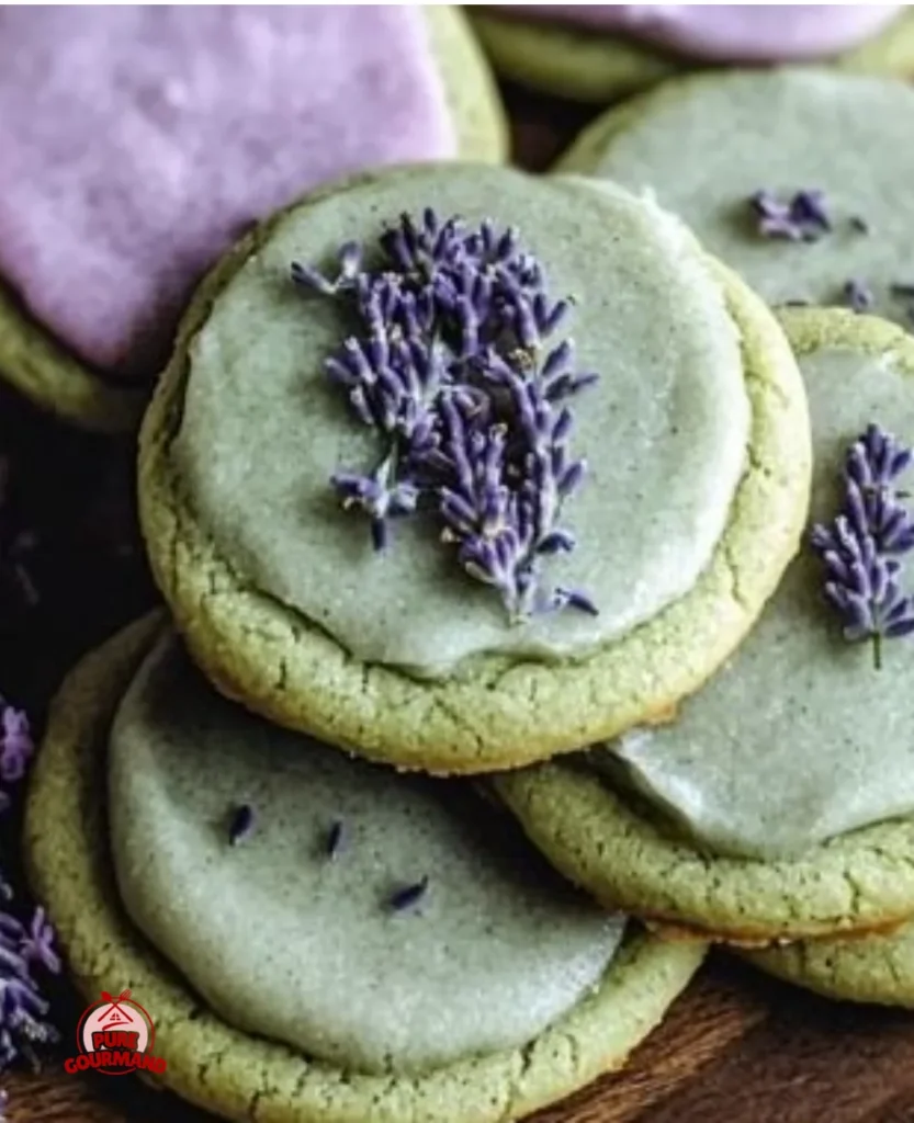 Perfect matcha lavender sugar cookies on a wooden plate