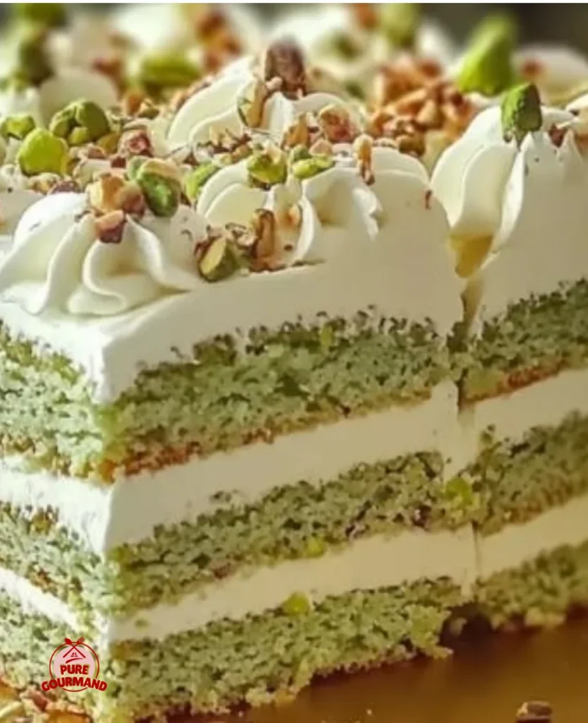 Pistachio Dacquoise Cake decorated with pistachio cream and fresh berries