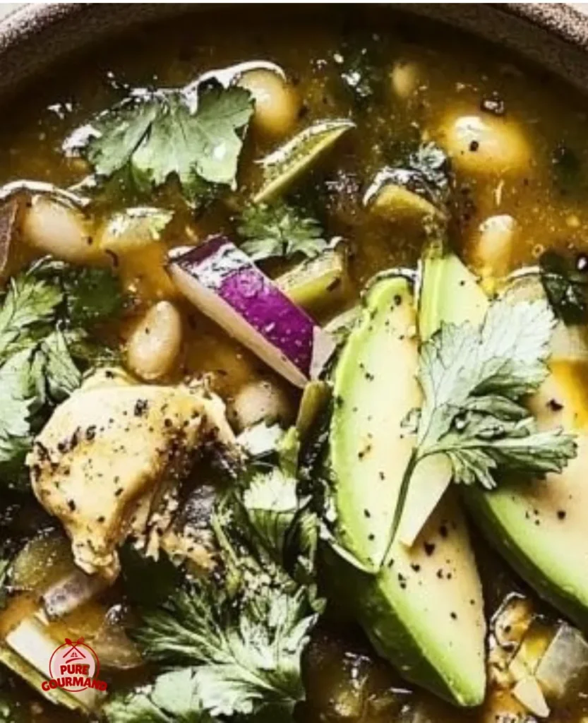 Bowl of Posole Verde with Chicken, garnished with cilantro and lime