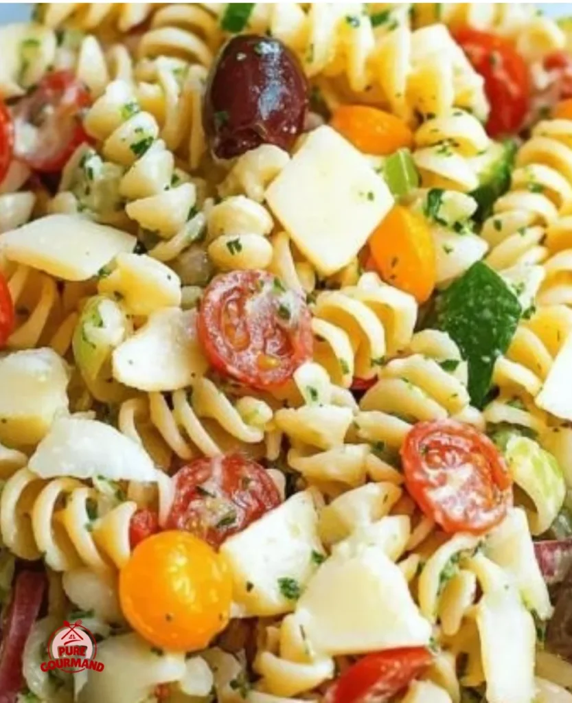 Bowl of quick and easy pasta salad with colorful vegetables for summer gatherings