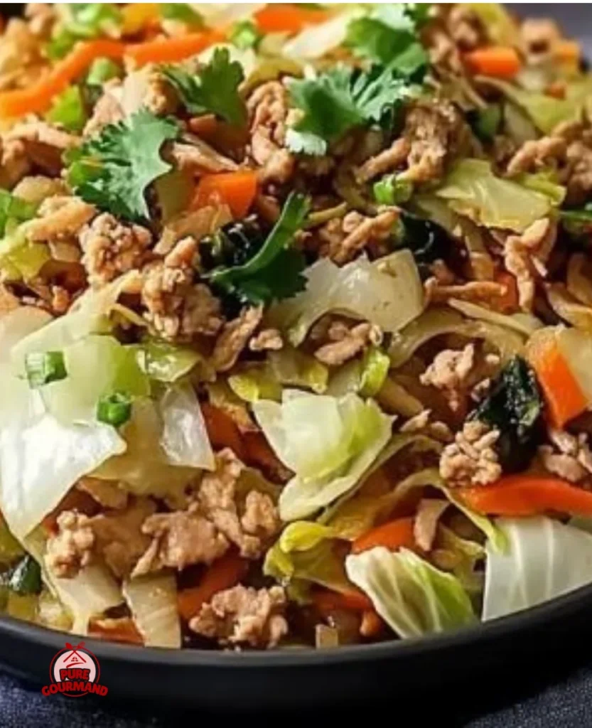 Delicious ground chicken stir fry with cabbage served in a bowl