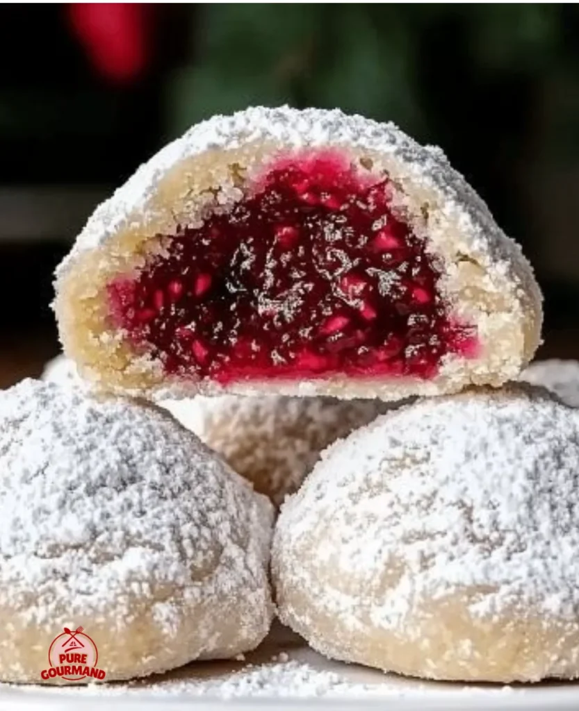 Raspberry filled almond snowball cookies on a plate, sprinkled with powdered sugar.