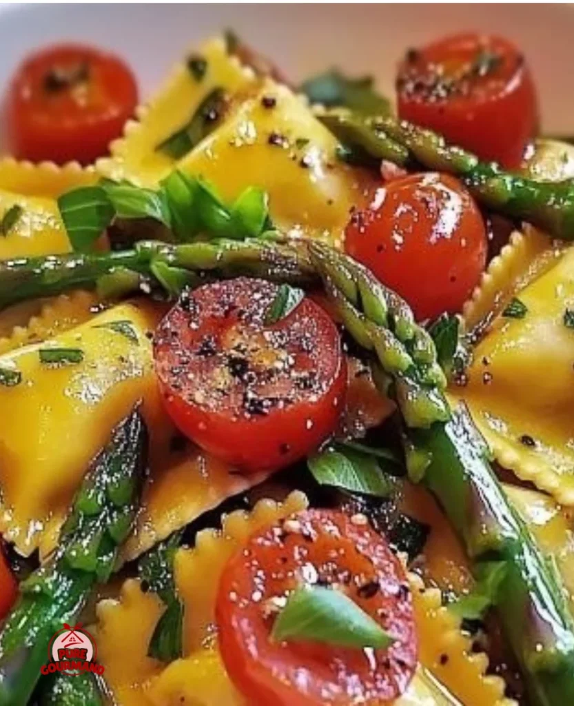 Plate of ravioli topped with tomatoes and asparagus for a healthy meal