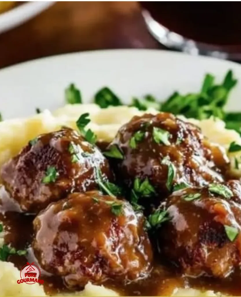 Delicious Salisbury steak meatballs served with rich gravy and mashed potatoes