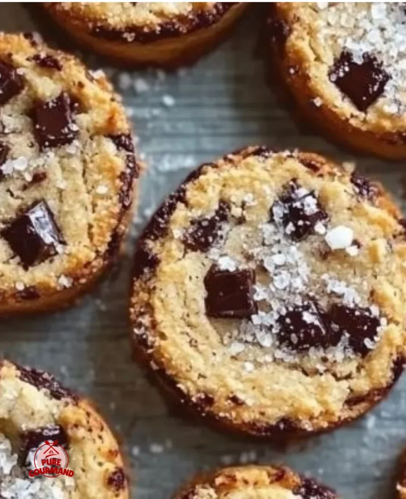 Delicious salted chocolate chunk shortbread cookies on a rustic table.