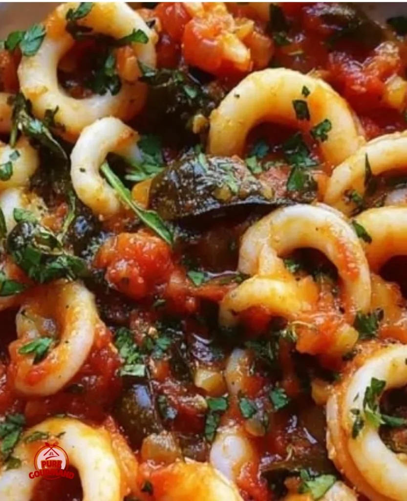 Delicious plate of calamari puttanesca featuring succulent squid and savory sauce