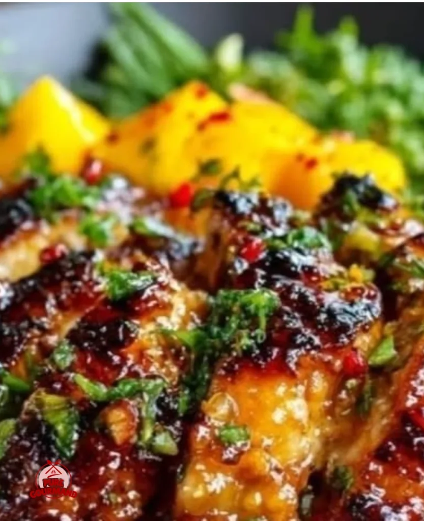 Savory Asian mango glazed chicken garnished and served on a plate