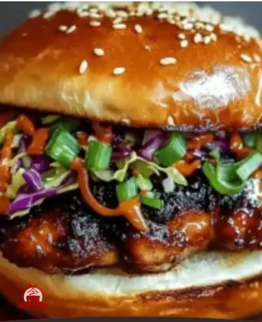 Savory Korean BBQ Chicken Sandwich with crunchy slaw on a wooden table