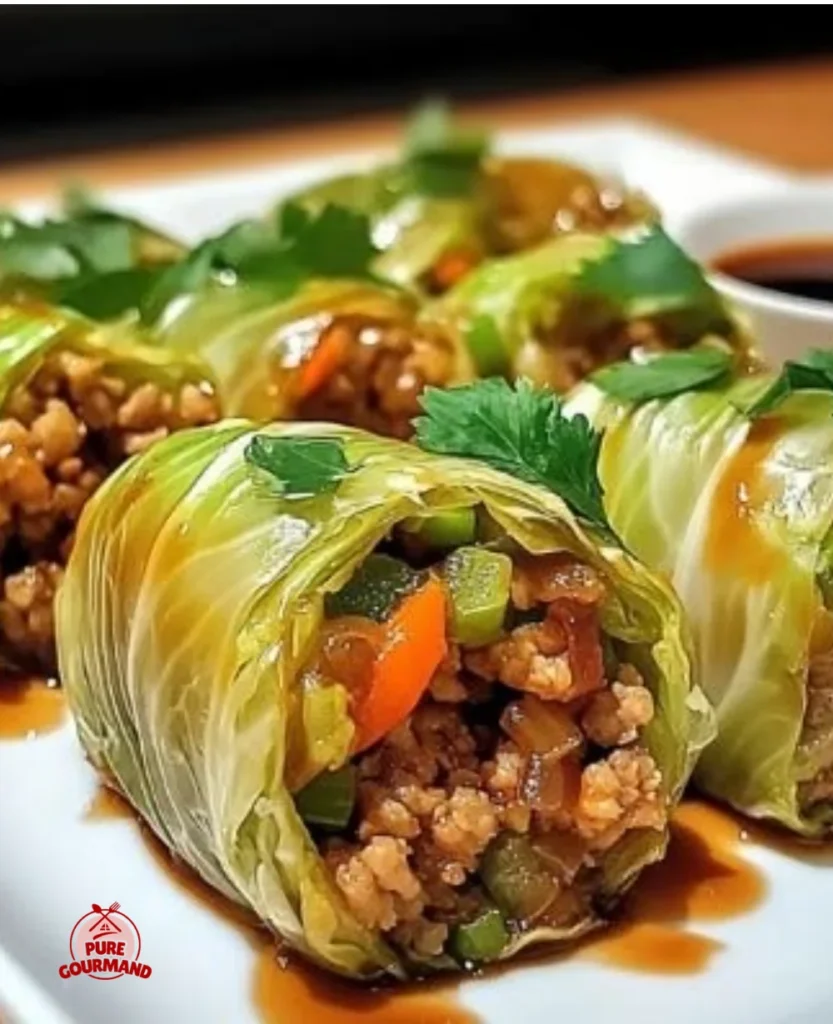Savory sesame ginger cabbage rolls served for a flavorful keto dinner