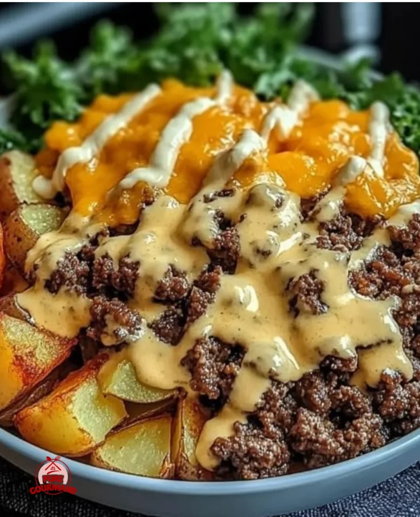Delicious smash burger bowl topped with fresh ingredients and condiments