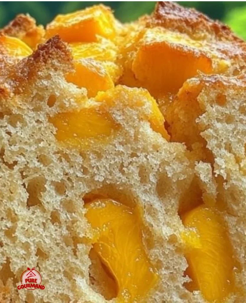 Freshly baked summer peach bread topped with slices of juicy peaches