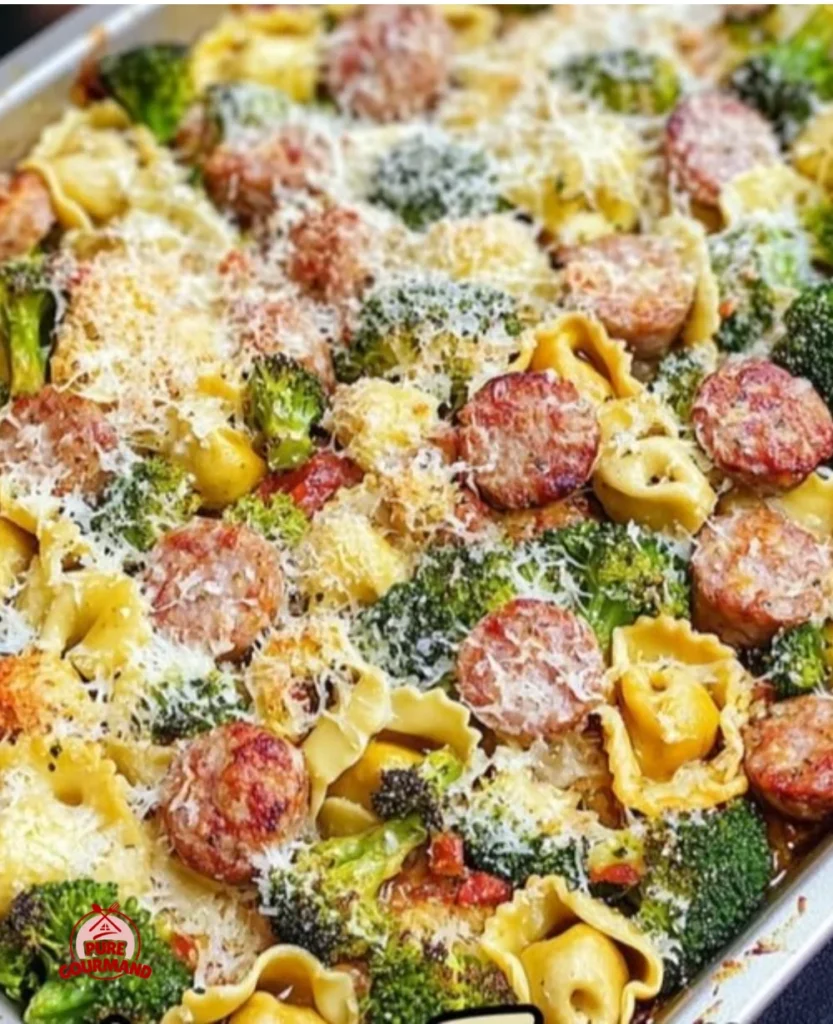 Sheet pan broccoli tortellini bake topped with cheese and fresh vegetables