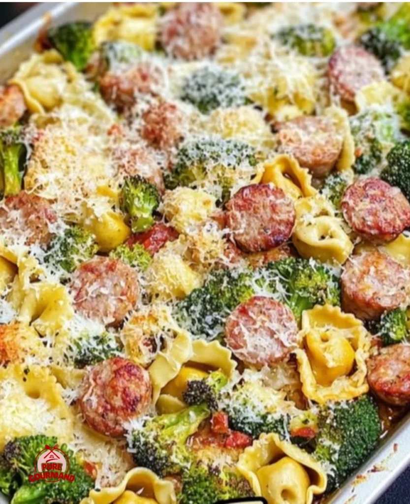 Sheet Pan Broccoli Tortellini Casserole with colorful veggies and creamy sauce