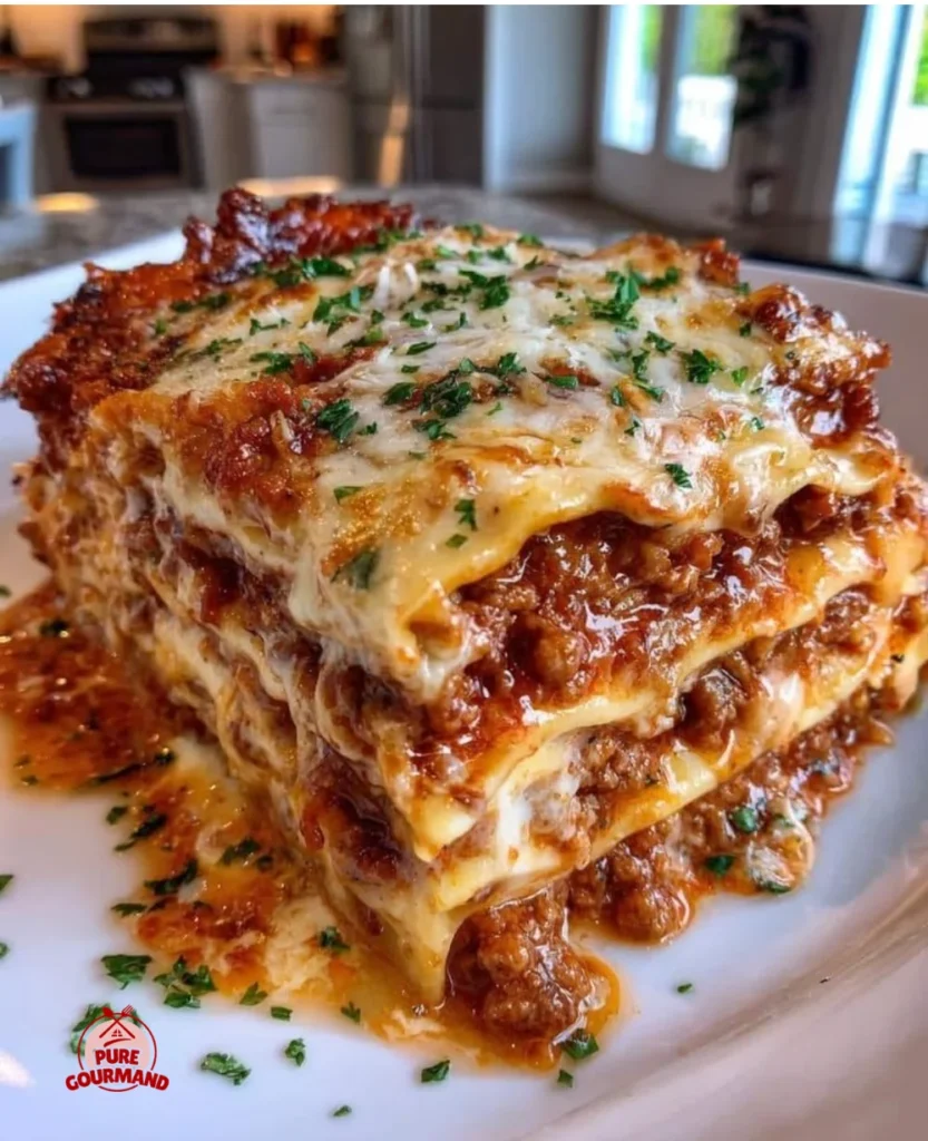 Simple lasagna with layers of cheese, pasta, and rich tomato sauce