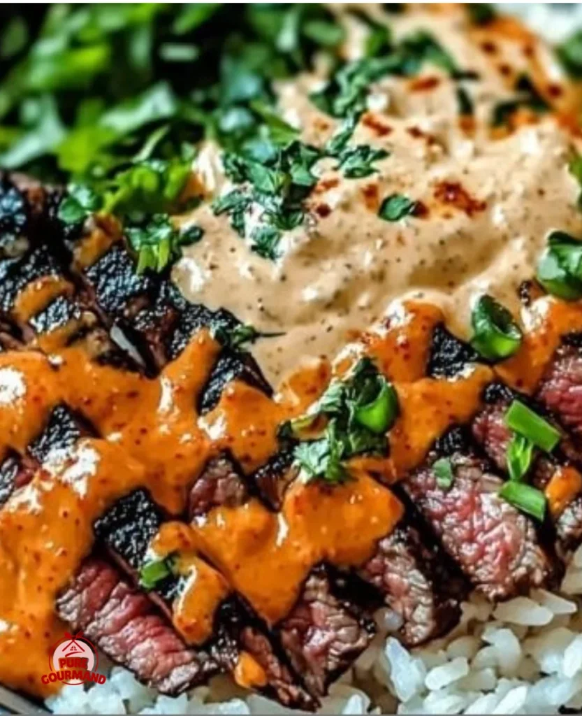 Sizzling Korean BBQ steak rice bowl topped with creamy spicy sauce