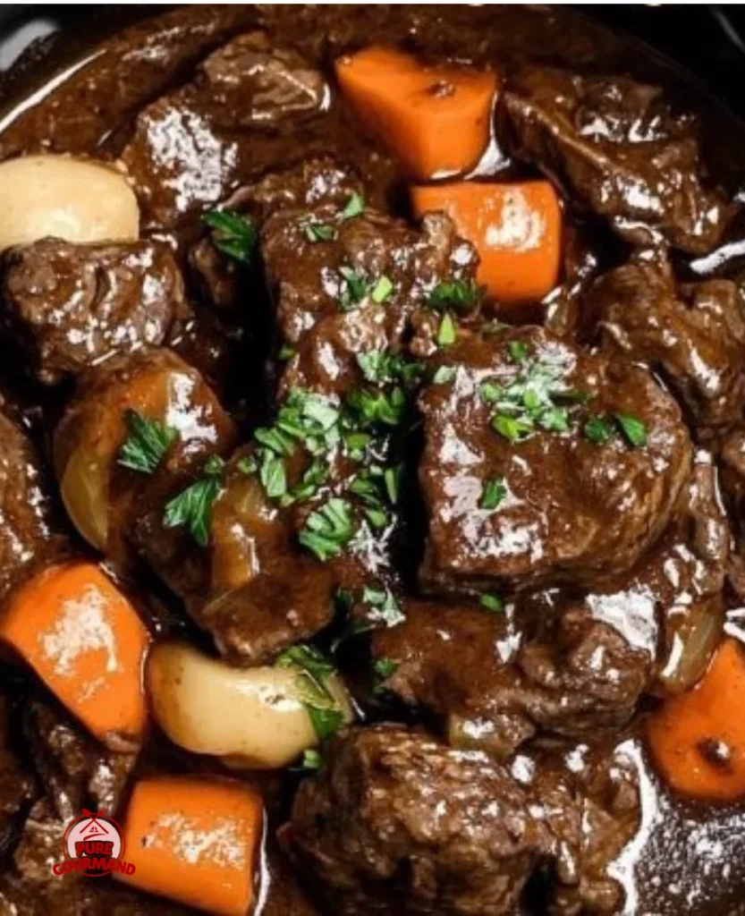 Slow cooker beef bourguignon with tender beef and rich burgundy sauce