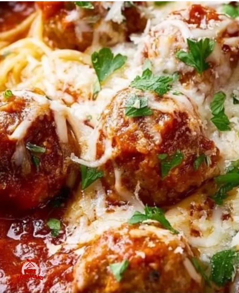 Slow cooker chicken parm meatballs served with marinara sauce and cheese