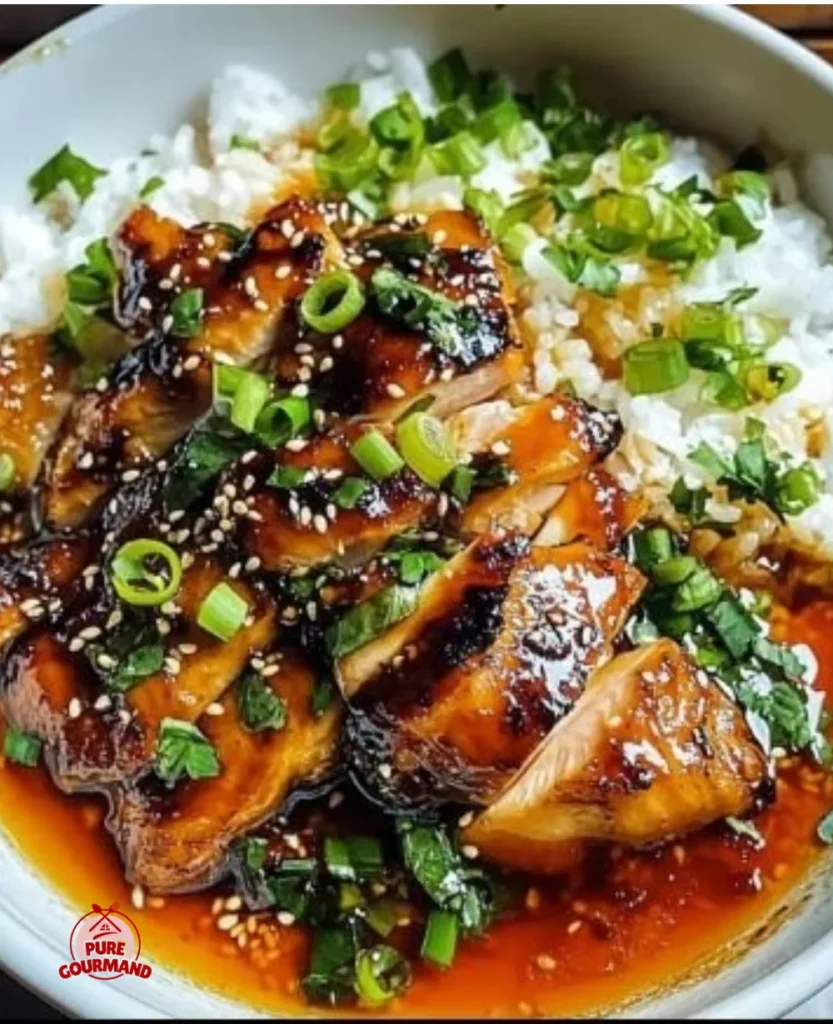 Bowl of soy chicken in garlic ginger broth garnished with herbs