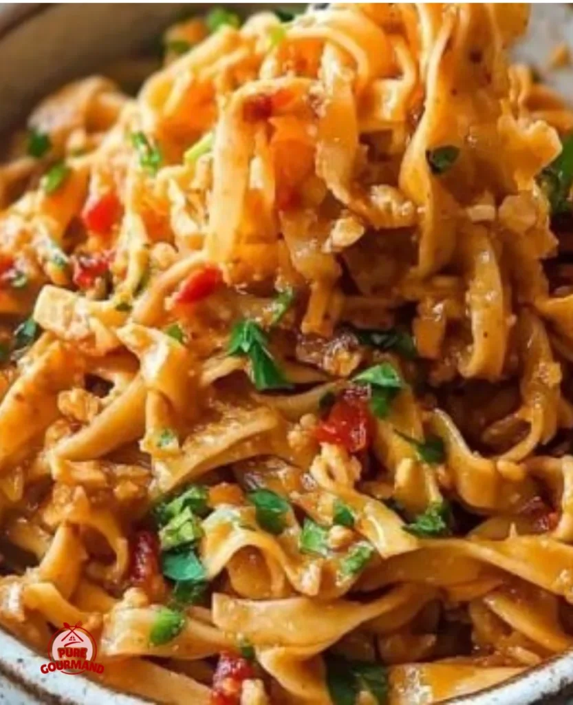 Plate of speedy spicy peanut noodles garnished with fresh vegetables