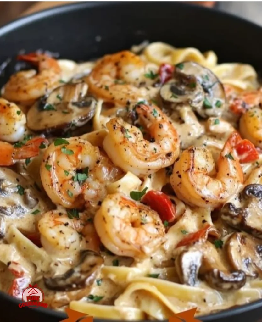 Creamy Spiced Shrimp Stroganoff served in a bowl with parsley garnish