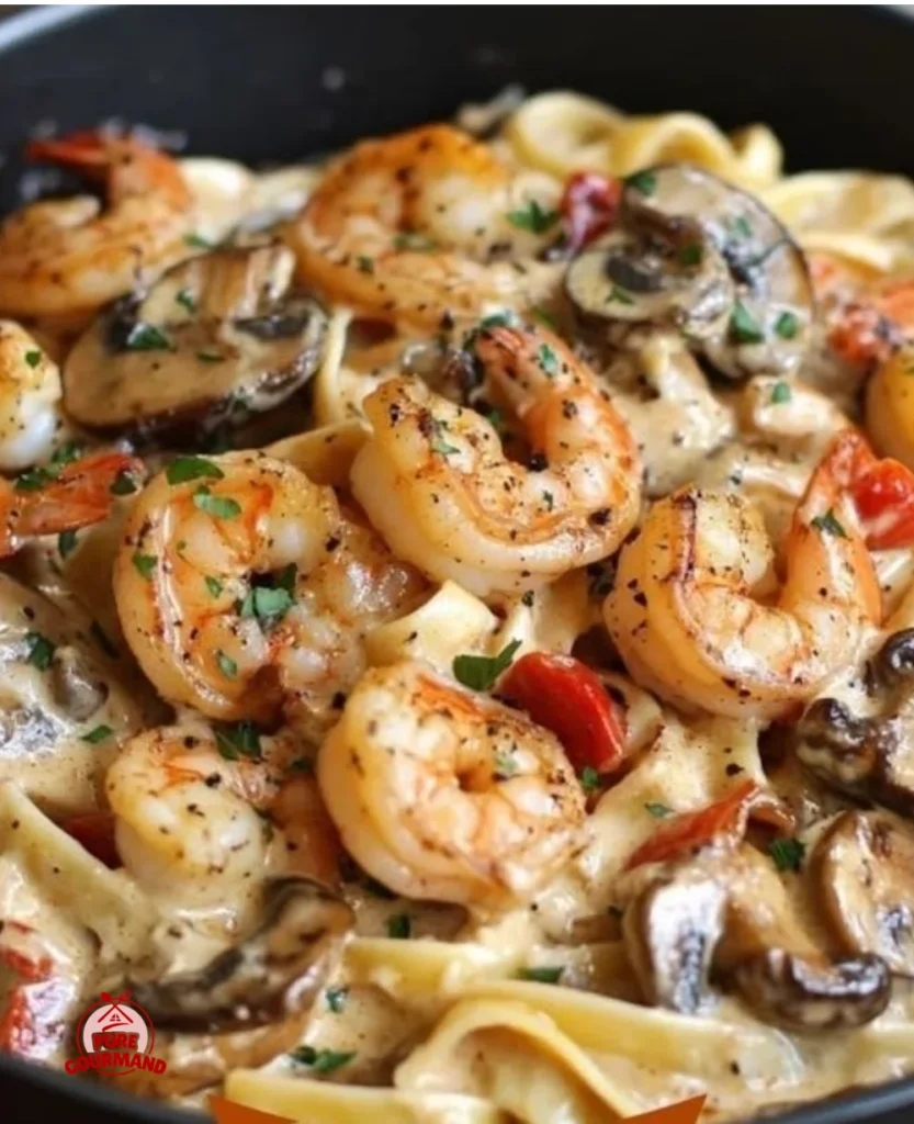 Delicious spicy blackened shrimp stroganoff served on a plate with garnishes