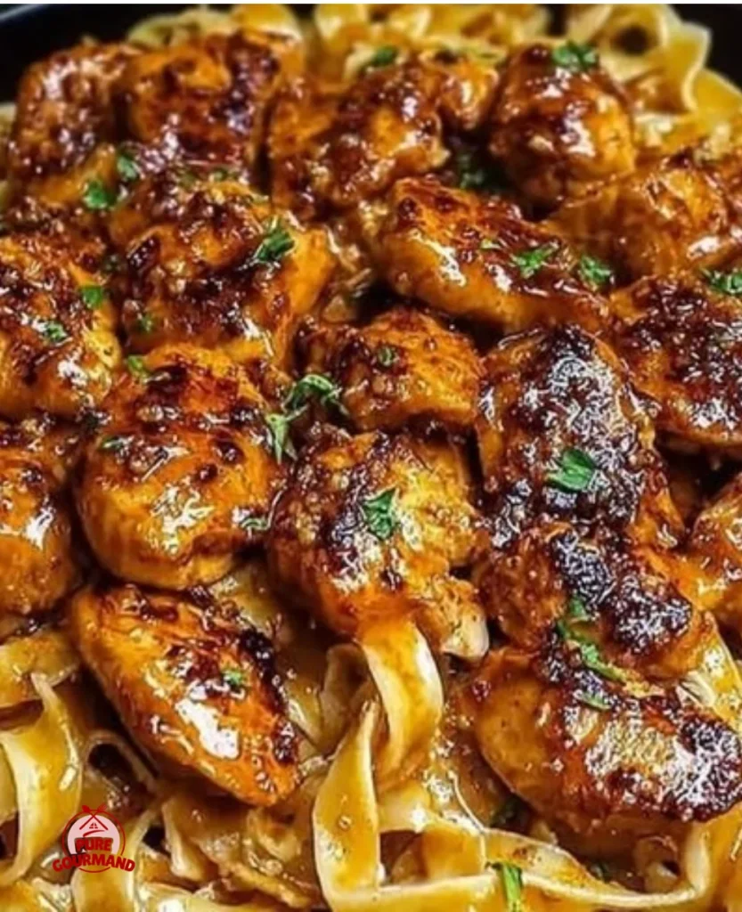 Bowl of Spicy Cajun Honey Butter Chicken Pasta garnished with herbs