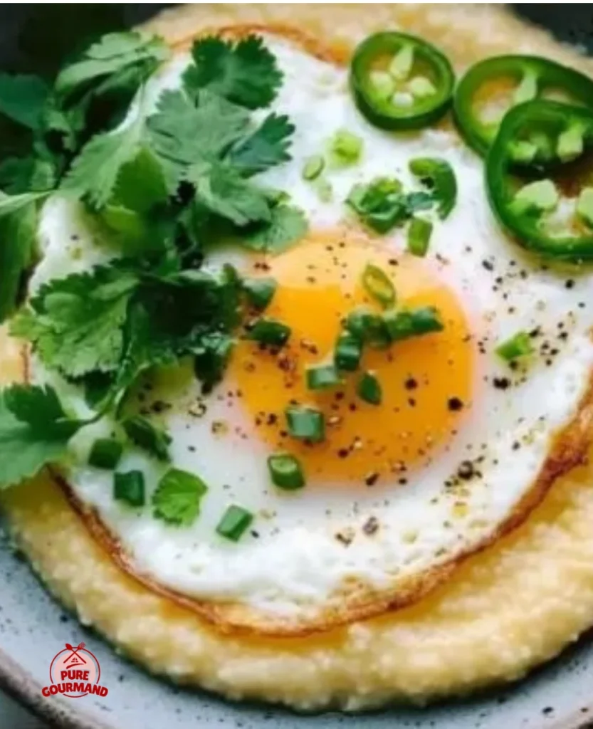 Delicious plate of spicy cheddar grits topped with fried eggs for brunch