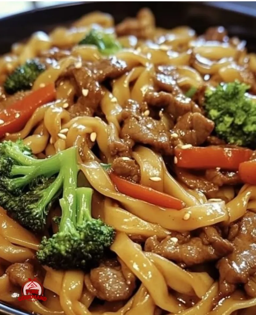 Delicious sticky beef noodles served in a bowl for a cozy dinner