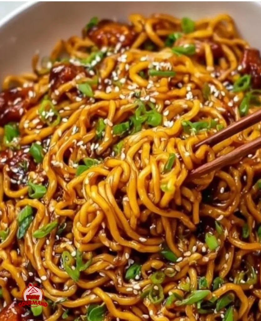 Delicious sticky garlic chicken noodles served in a bowl