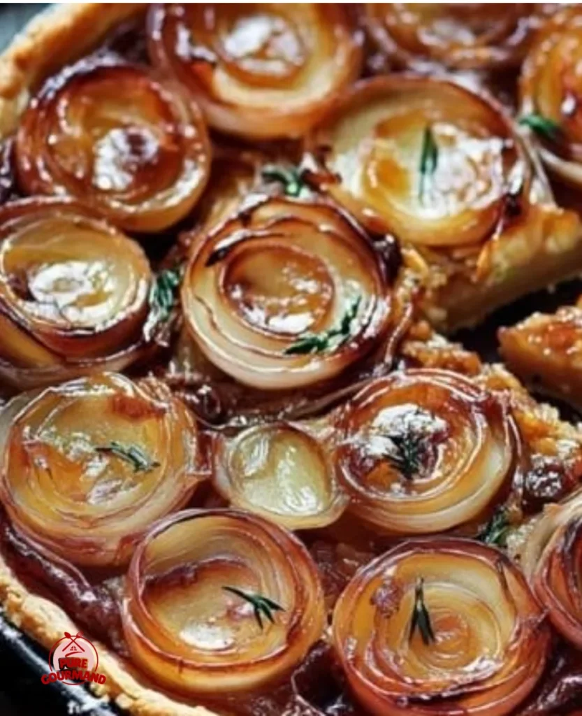 Sticky Shallot Tart with caramelized shallots in a crispy crust