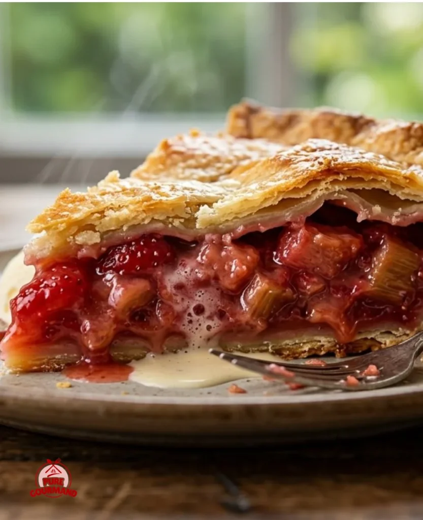 Delicious Strawberry Rhubarb Pie served with a scoop of ice cream